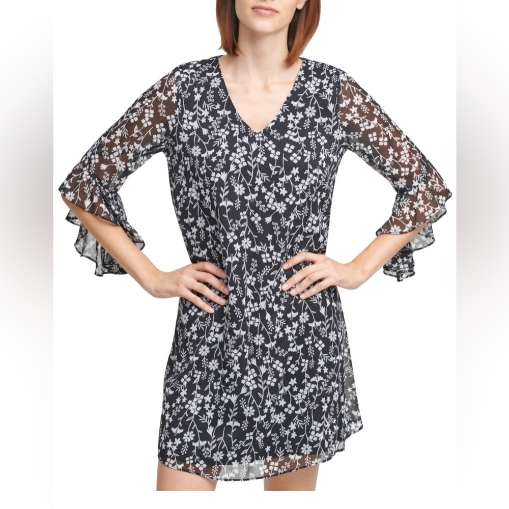 CALVIN KLEIN Black Sheer Ruffled Back Cut Out Lined Floral 3/4 Sleeve V Neck